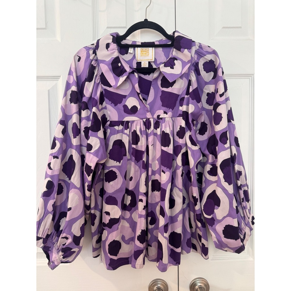 Emily McCarthy Cotton Joy Top Purple Leopard Print Babydoll Blouse Medium. EUC